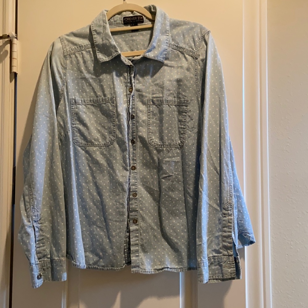 1X Forever 21 polka dot button up long sleeve tee